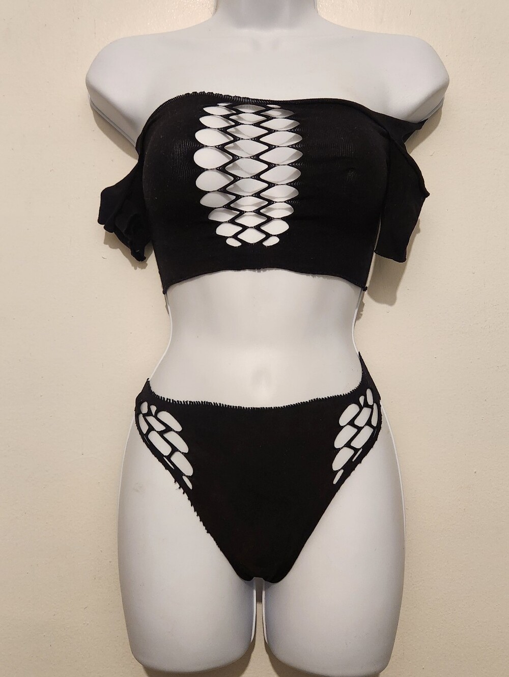 2 Piece Opaque Crop Top with Net Detail and Matching Thong Back Bottoms